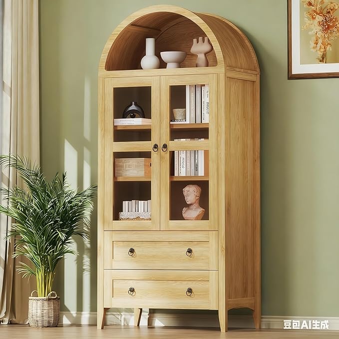 71" Tall Pantry Cabinet, Arched Cabinet, Kitchen Storage Cabinets with 2 Large Drawers & Adjustable Shelves & Glass Door for Living Room, Kitchen, Dining Room, Natrual