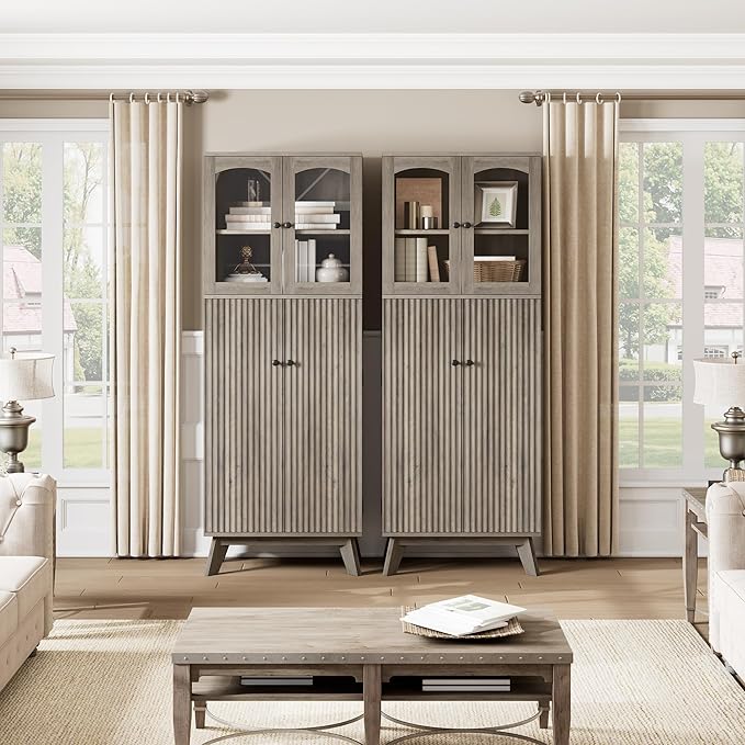 QUW 63.4" Kitchen Pantry Storage Cabinet, Tall Pantry with Glass Doors and Adjustable Shelves, Modern Freestanding Floor Cabinet Cupboard for Kitchen, Living Room, Dining Room, Grey