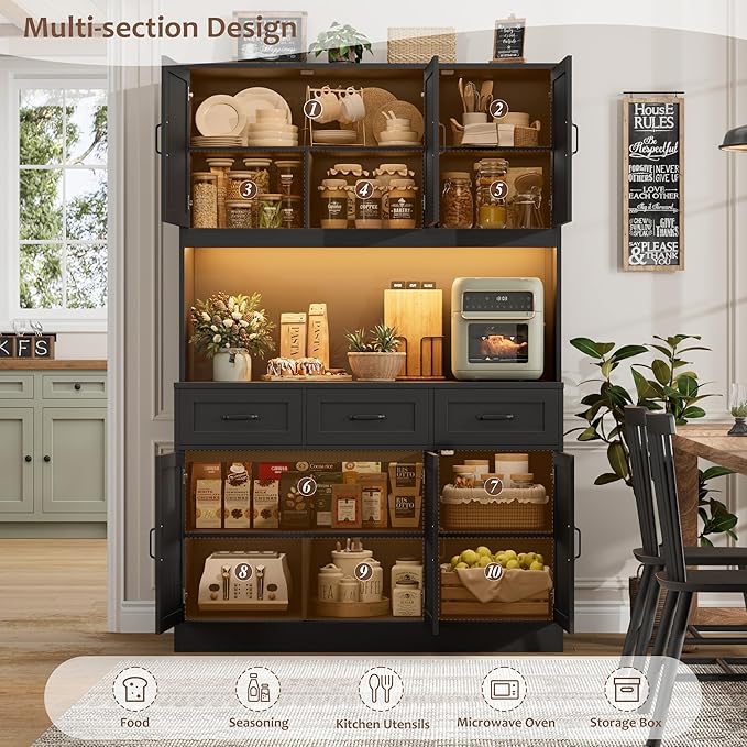 HOSTACK 72" Tall Kitchen Pantry Cabinet with Charing Station | LED Lights, 47" W Kitchen Pantry Storage Cabinet with Countertop, Modern Kitchens Hutch Cabinets with Storage for Dining Room, Black