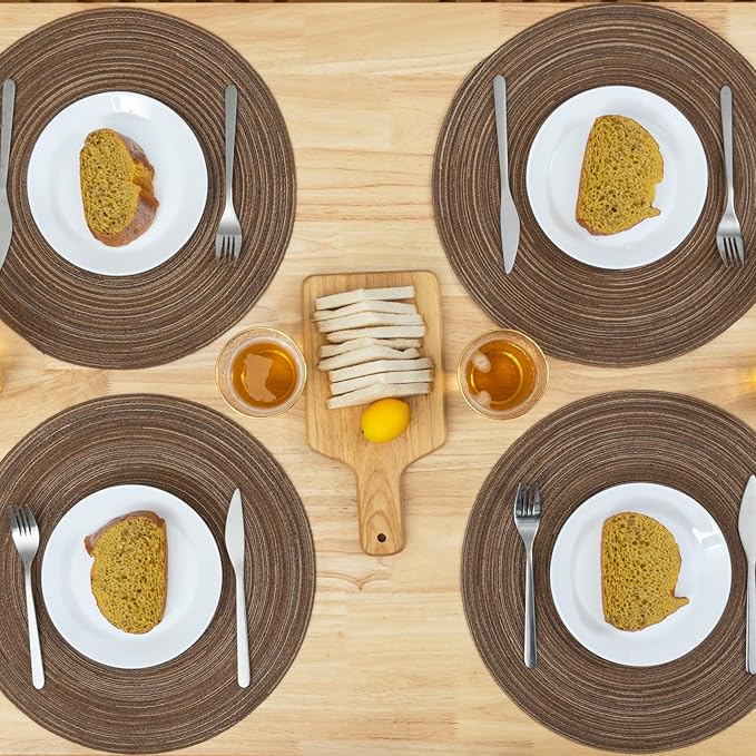 Winknowl Round Braided Placemats Set of 6 Washable Woven Heat Resistant Table Mats for Kitchen Dining Tables 15 inch Round Place Mats (Brown,6)