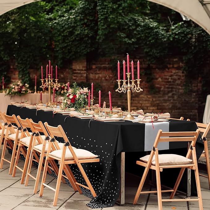 24Pack Disposable Plastic Tablecloths and Satin Table Runner Set Black and Silver Dot Tablecloth Silver Satin Table Runner for Wedding Birthday Baby Shower Anniversary Christmas New Year Party Supply