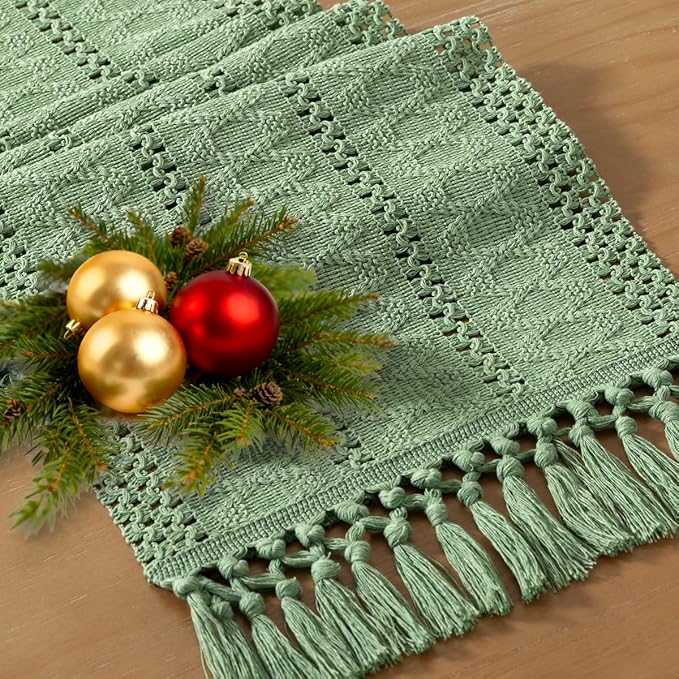 Socomi Sage Green Boho Table Runner Macrame Valentine's Day Farmhouse Woven Cotton Linen Rustic Coffee Table Runner with Tassels for Small Dresser Scarf Home Decor Dining Room 12x72 inch