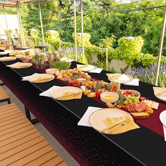 3Pcs Black and Maroon Tablecloth Party Decorations,Plastic Black Table Cloth Printed Maroon Table Runner Disposable Rectangle Table Cover for Birthday Wedding Graduation Anniversary Party,54x108Inch