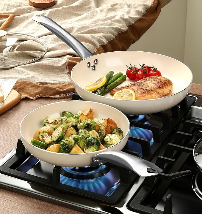 KOCH SYSTEME CS Nonstick Frying Pan with Lid, 8 Inch Non-Stick Skillet with Stay-Cool Stainless Steel Handle, Omelet Pan with Nonstick Ceramic Coating, PFOA Free, Oven Safe, Cream White