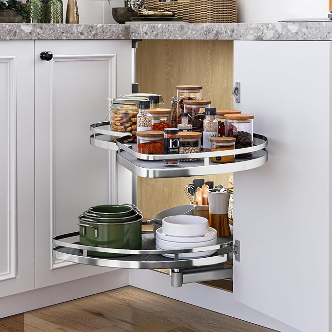 DWVO Corner Cabinet Organizer, 2-Tier Blind Corner Pull Out with 270째 Rotating Shelf, Right Swing Tray, Heavy-Duty Iron, Easy-Install Template, 32.7"x17.3"x21.3", Gray