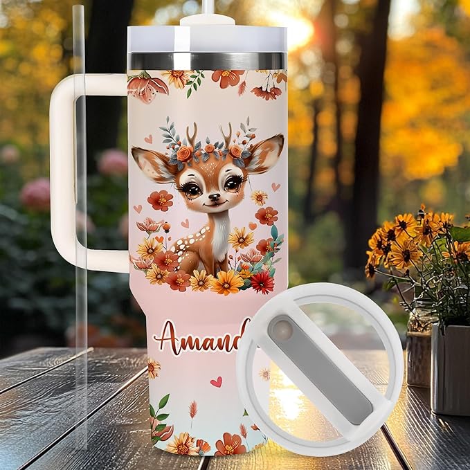 AGGLOMEKC Personalized Cute Reindeer Cup - Mother's Day Birthday Gift For Animal Lovers - Just A Girl Who Loves Reindeer Tumbler 40oz With Custom Name - Pet Lover Gifts For Women, Her