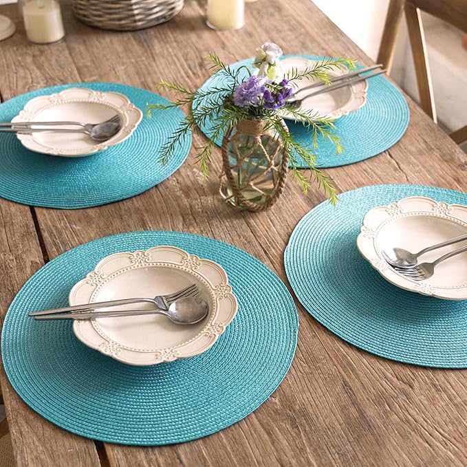 FunWheat Round Braided Placemats Set of 4 Table Mats for Dining Tables Woven Washable Non-Slip Place mats 15inch (Turquoise, 4pcs)