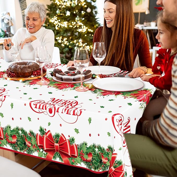 QZYL 2 Pack Christmas Tablecloths, 54" x 108" Xmas Plastic Table Cloth, Poinsettia Holly Bells Design Holiday Disposable Tablecover Rectangle Tablecloth, Christmas Decor Holiday Table Decorations