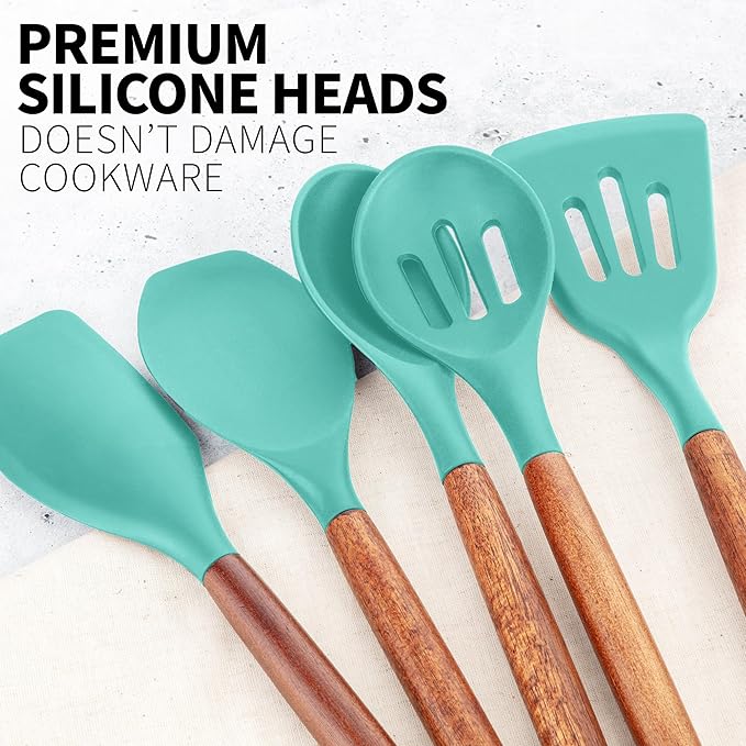 Zulay Kitchen Non-Stick Cooking Utensils Set with Authentic Acacia Wood Handles ??5-Piece Durable & Stylish Silicone Kitchen Utensils Set ??Heat Resistant to 464째F ??Mint