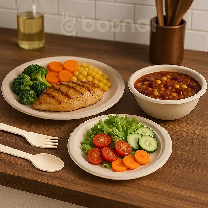 BOSNAL 10 inch & 7 inch Round Plates with 32 oz Bowls & Cutlery ??100% Plant-Based Sugarcane Bagasse, Eco-Friendly Disposable Dinnerware for Hot & Cold Meals, Microwave Safe, Durable & Compostable