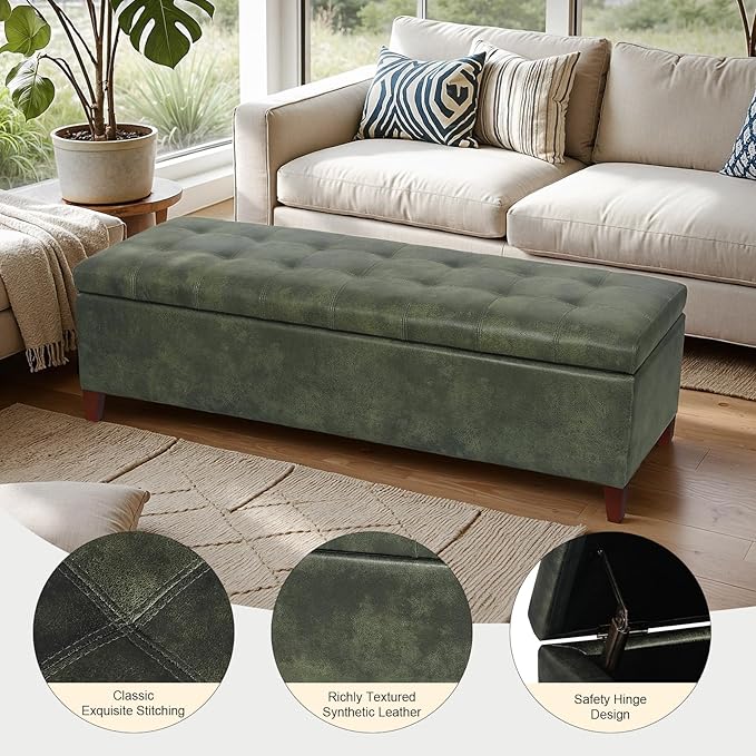 DECO DE VILLE Ottoman with Storage, 51 Inch End of Bed Storage Ottoman Bench, Faux Leather Upholstered Ottomans with Hinged Lid, Rectangle Long Foot Rest Bench for Living Room Bedroom Dark Green