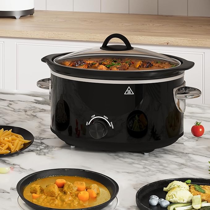 4 QT Slow Cooker, Kiss the Water Buffet Server and Warmer with 3 Heating Modes, Compact Slow Cooker, Dishwasher-Safe Removable Ceramic Pot & Tempered Glass Lid, Stainless Steel, Black