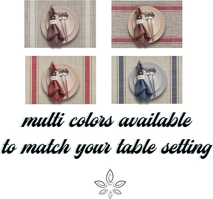 More D챕cor Dining Table Placemats, Washable Heat-Resistant PVC Vinyl Table Mats for Dining Room and Kitchen, Anti-Slip - Set of 4 - Vertical Striped Red - Grey