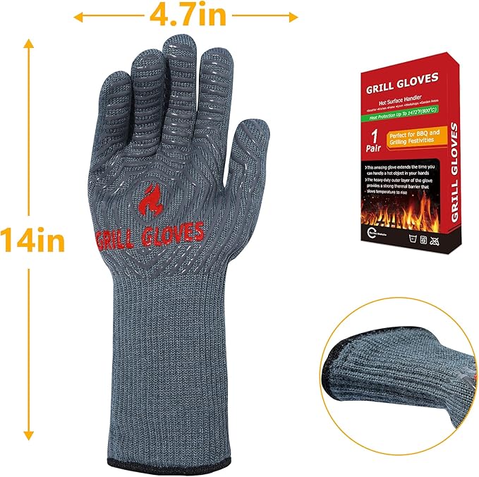 QUWIN BBQ Gloves, Oven Gloves 1472??Extreme Heat Resistant, Grilling Gloves Silicone Non-Slip Oven Mitts, Kitchen Gloves for BBQ, Grilling, Cooking, Baking-1 Pair??(Grey, One Size(Long Cuff))