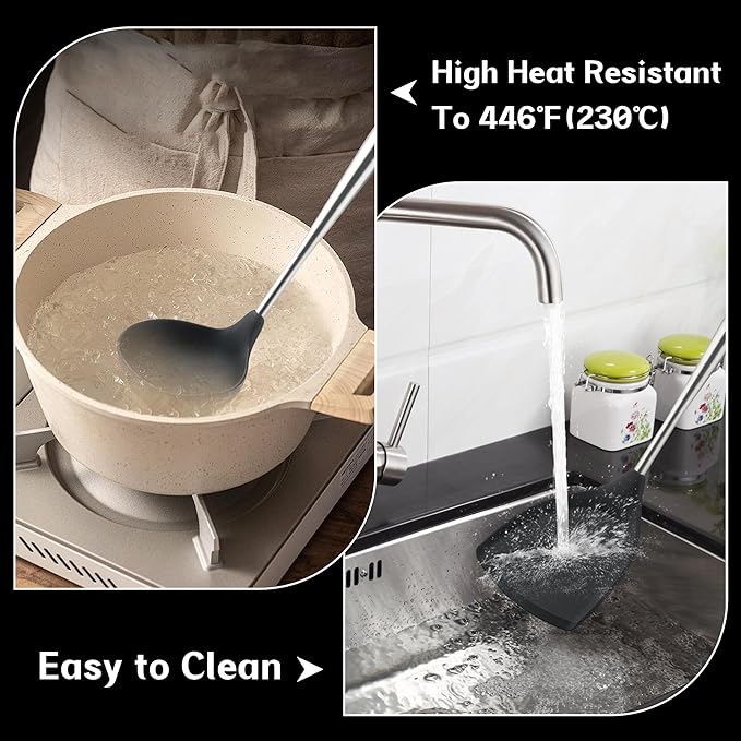 FJNATINH Silicone Spatula Ladle Set - BPA Free Stainless Steel Non Stick Heat-Resistant Kitchen Tools Cooking Utensils Cookware with Wooden Handle, 2 Pcs