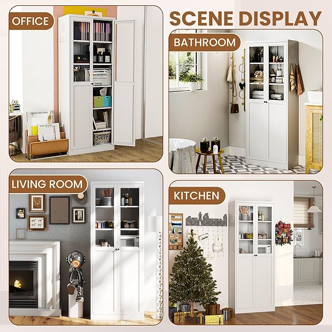 Metal Pantry Cabinet with Doors and 5 Adjustable Shelves, 72" Tall Kitchen Cupboard Storage Cabinets for Kitchen Dining Room Living Room Bathroom,Assembly Required (White)