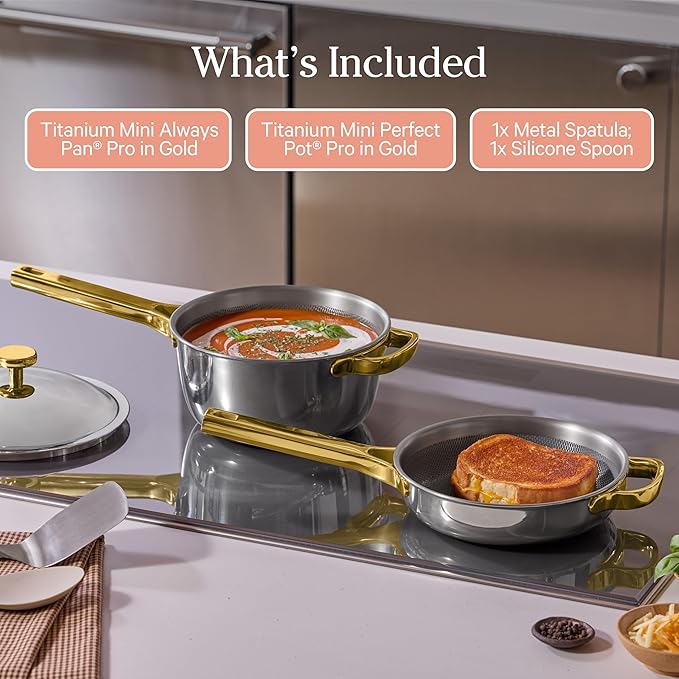 Our Place Mini Titanium Pro Cookware Duo | 6-Piece Tri-Ply Titanium Cookware Set with Always Pan Pro & Perfect Pot Pro | Non-Toxic No-Coating Nonstick | Induction & Oven-Safe up to 750째F | Gold