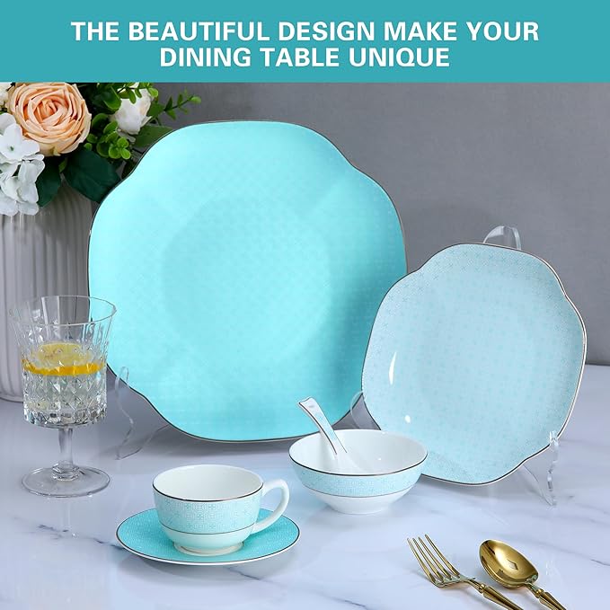 Blue 24 Piece Porcelain Dinnerware,Bone china set for 4,Plates and Bowls Sets With Silver checkered cross pattern, Highly Chip & Crack Resistant & Dishwasher (Light Blue + Checkered Cross)