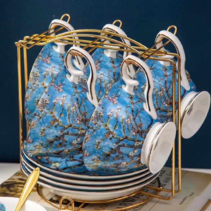 Van Gogh Bone China Set of 6 Cups and Saucers With Rack, Coffee Cup and Saucer Set With Gift Box, 7.4-Ounce Art Coffee Mugs Set - Perfect Birthday/Holiday/Wedding Gift