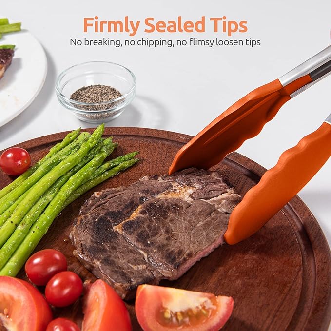 600쨘F Heat Resistant Kitchen Tongs: U-Taste 9 inch Silicone Cooking Tong with Firm Sealed Non Stick Rubber Tips & Silicon Coated 18/8 Stainless Steel Handle & Smooth Locking for Serving Grill (Orange)