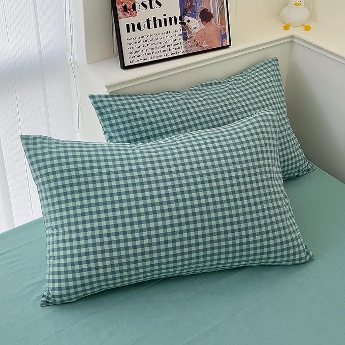 LifeTB Green Gingham Comforter Set Full Size Geometric Plaid Checkered Pattern Comforter Green Grid Plaid Printed Bedding Comforter Set with 2 Pillowcases Fluffy Soft Gingham Bedding Set Breathable