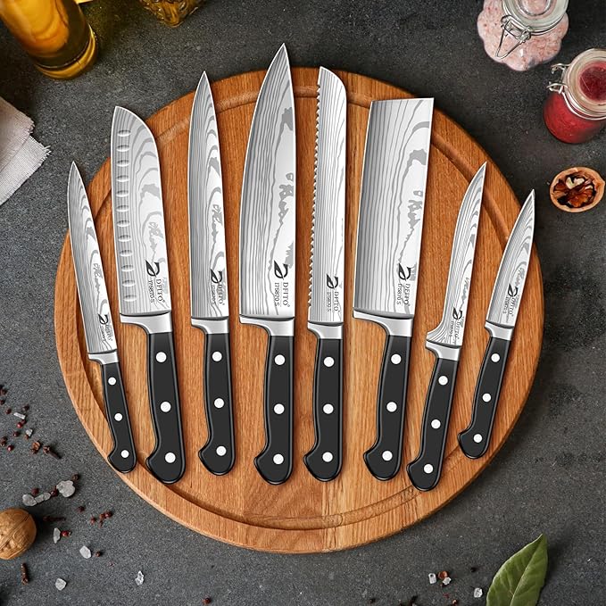 Dfito Chef Knife Set with Roll Bag, 9 Piece Professional Stainless Steel Japanese Kitchen Knife Set with Ergonomic Handle for Professional Chef, Dishwasher Safe, Camping, Travel, BBQ, RV or Gift Black