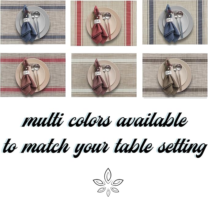 More D챕cor Dining Table Placemats, Washable Heat-Resistant PVC Vinyl Table Mats for Dining Room and Kitchen, Anti-Slip - Set of 6 - Horizontal Striped Bown - Beige