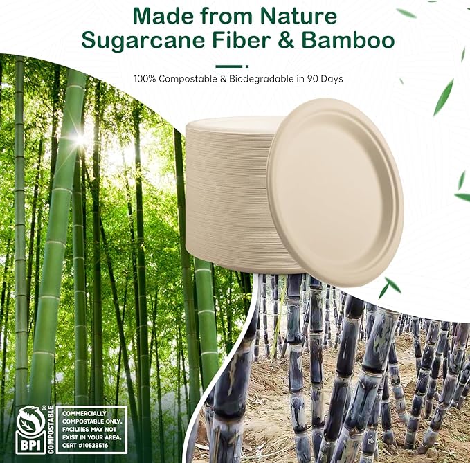 ?윸 ?뿙?뿻?뿰?뿵, ?윮?윯?윺-?뿣?뿮?뿰?뿸 Compostable Paper Plates, Heavy-Duty Biodegradable Disposable Dish Made from Bagasse, Perfeck for Snacks, Desserts, Party, Wedding and More (Nature)