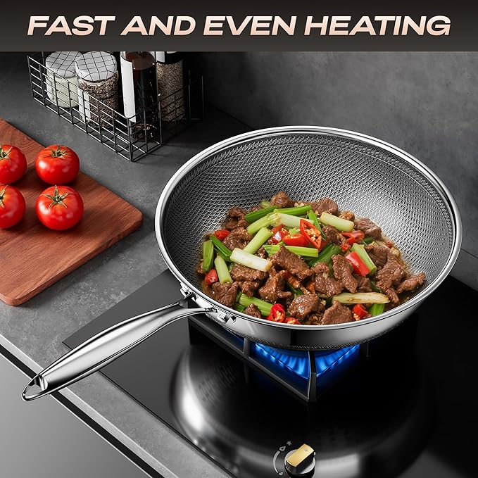 Wok,Hybrid 12-Inch Wok with Lid,Nonstick Stainless Steel Woks & Stir-fry pans,Dishwasher-Friendly,PFAS PFOA PTFE Free, Oven-Safe Up to 600째F,Compatible with All Cooktops