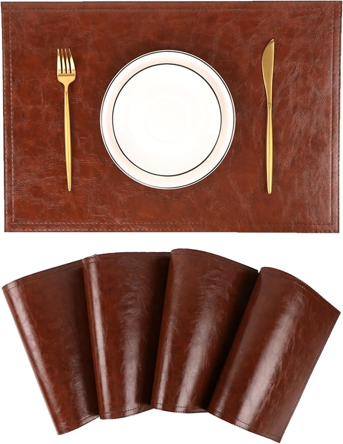 Jovono Waterproof PU Placemats, Faux Leather Dining Table Mat, Set of 8, Easy to Wipe Off Scrub Vinyl Mat, Heat & Stain Resistant for Office Conference Table, Home D챕cor Brown