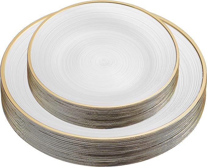 PLASTICPRO 64 Pieces Crystal Design Plastic Plates Combo Pack 7 inch and 10 inch Gold Rim Elegant Disposable Plates, Pearl White