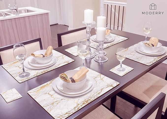 Moderry Set of 4 Heat Resistant Cork Placemats for Dining Table with Free Set of 4 Matching Drink Coasters Marble Design 16 x 12 Inches Cork Backed Hard Placemats (Foiled Gold)