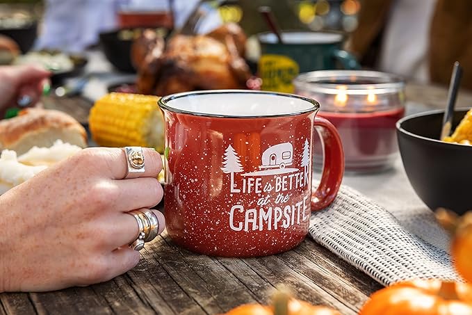 Camco Life is Better at the Campsite Ceramic Mug | Microwave and Dishwasher Safe | Speckled Red Background with White Life is Better at the Campsite Design | 14oz. (53235) (Pack of 2)