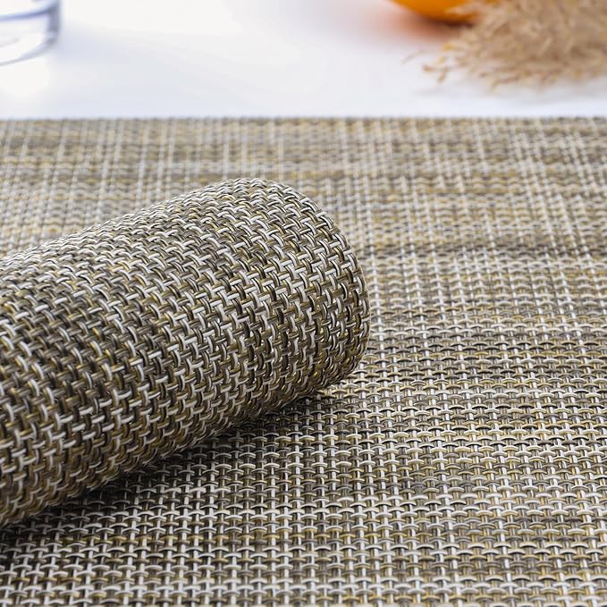 Myir JUN Placemats Set of 6, Vinyl Woven Placemats Place Mats Indoor Washable Table Mats Non-Slip Place mats for Dining Table (Caramel, Set of 6)
