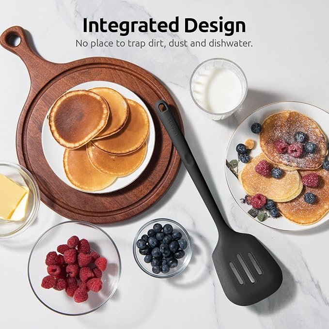 600쨘F Heat Resistant Slotted Turner: U-Taste 13.6in Silicone Kitchen Spatula Flipper, 3.74in Wide Food Grade Flexible Thin Rubber Cooking Utensil for Egg, Pancake, Cookie in Nonstick Cookware (Black)