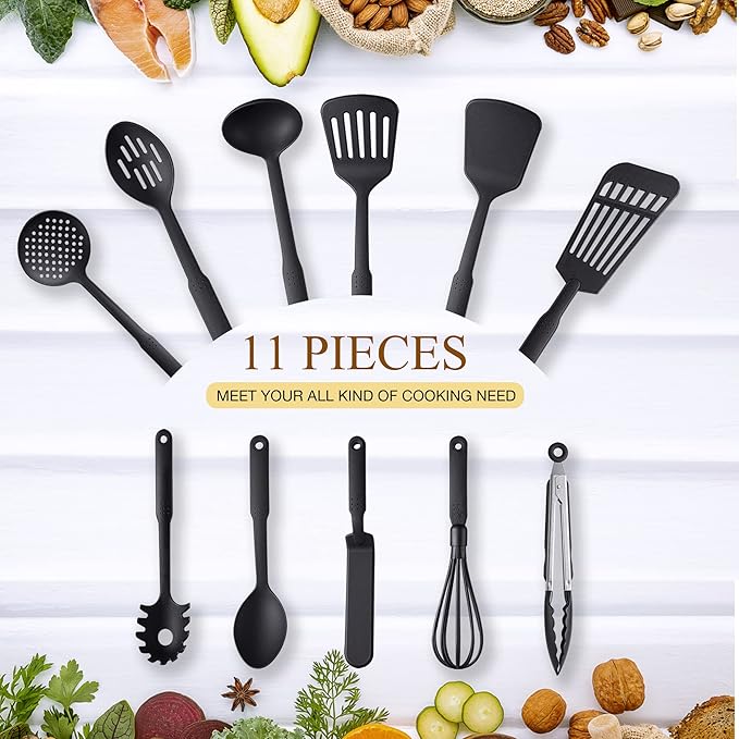 TJ POP Kitchen Utensils Set of 11 Pcs, Nylon Utensils Set, Non-Stick Cooking Utensils Set 410째F Heat Resistant, Kitchen Gadgets Accessories Tools for Cookware (BPA Free)