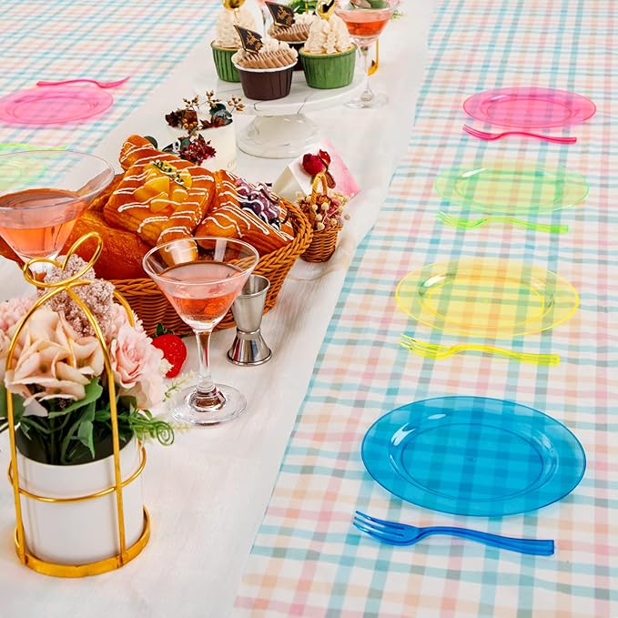 supernal 200pcs Appetizers Plates includ 100pcs Plastic Forks 100pcs Neon Party Plates Colorful Rainbow Disposable Party Plate and Dispsoable Forks Set for Party Catering Birthday New Year