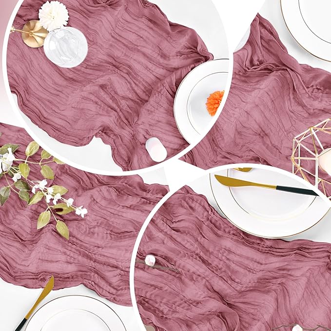 4 Pack Dusty Rose Cheesecloth Table Runner 20 x 120 inch Gauze Table Runners 10 FT Long,Semi Sheer Cheese Cloth Fabric Table Runner Bulk for Wedding,Party,Baby Shower,Bridal Shower Decoration