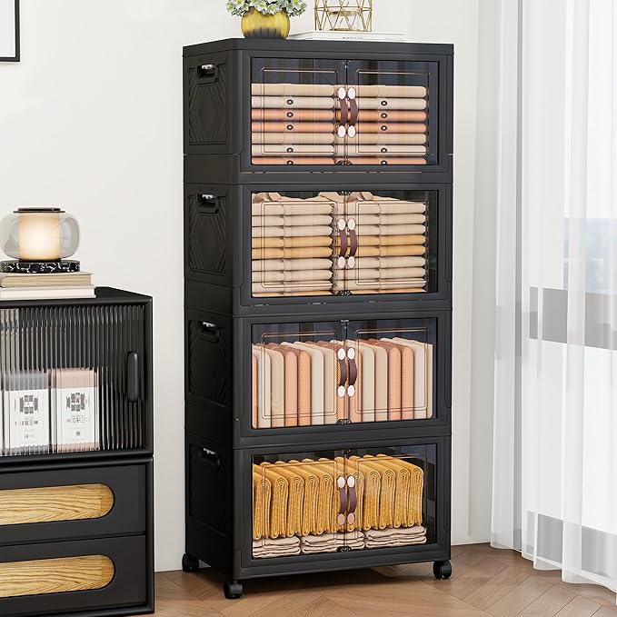 Storage Bins with 2 Lids and Wheels, 660QT-110QT*6Tier Collapsible Bathroom Storage Cabinet with Clear Doors, Plastic Stackable Closet Organizers and Containers Black