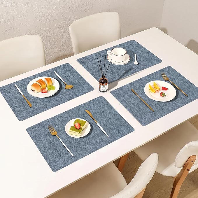 Boobezeen Faux Leather Placemats Set of 6, Heat Resistant Wipeable Washable Vinyl Place Mats, Waterproof Anti-Slip Dining Table Mats, Suitable for Indoor & Outdoor Use (Blue)