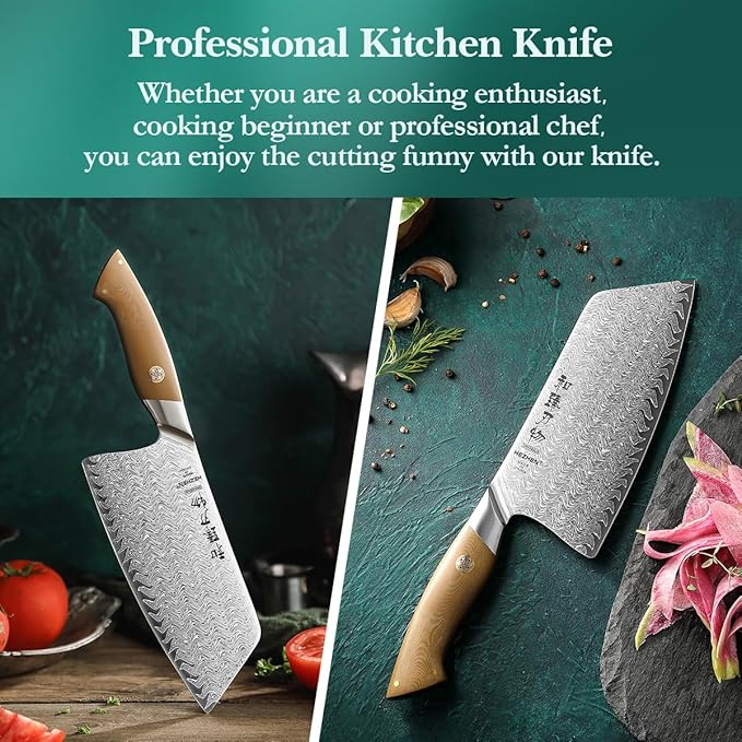 HEZHEN Damascus Meat Cleaver Knife, 7.5 Inches, 67 Layers Damascus Steel Vegetable Cleaver, Professional Butcher Knife for Meat Cutting, Ultra-sharp Blade with Linen Micarta Handle, Gift Packing
