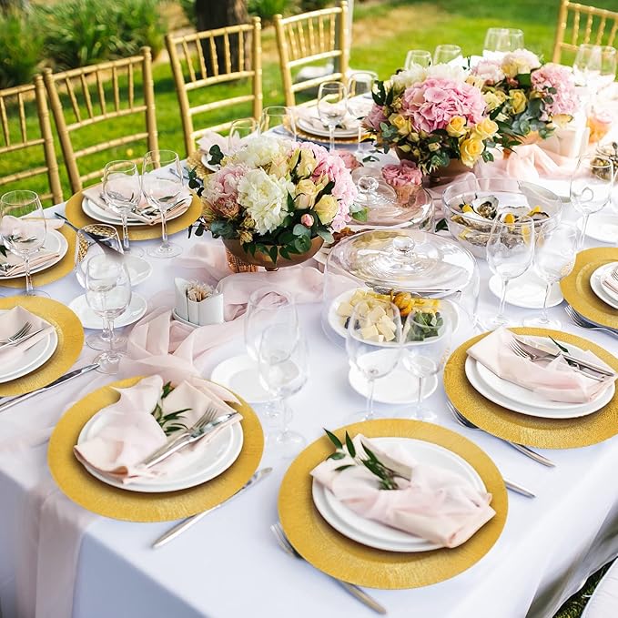 Tanlade 100 Pcs Charger Plates Bulk, 13 Inch Plastic Round Charger Dinner Plates Elegant Wedding Serving Plate for Event Tabletop Wedding Party Bridal Baby Shower Decor (Glitter Gold)