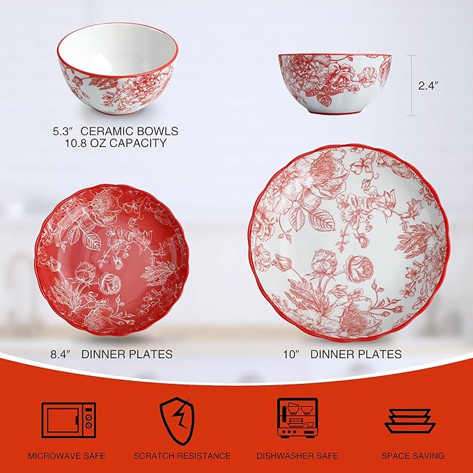 12-Piece Dinnerware Set with Red and White Plates, Service for 4, Microwave and Dishwasher Safe