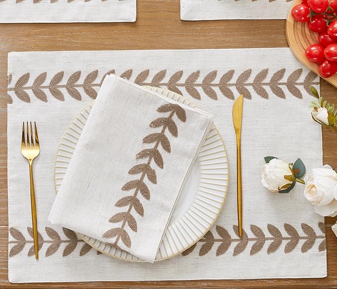 Wracra Embroidered Placemats, 13 x 18 Inch Set of 6 Placemats, Irregular Willow Rustic Place Mats for Kitchen Table and Heat Resistant, Taupe 6PCS