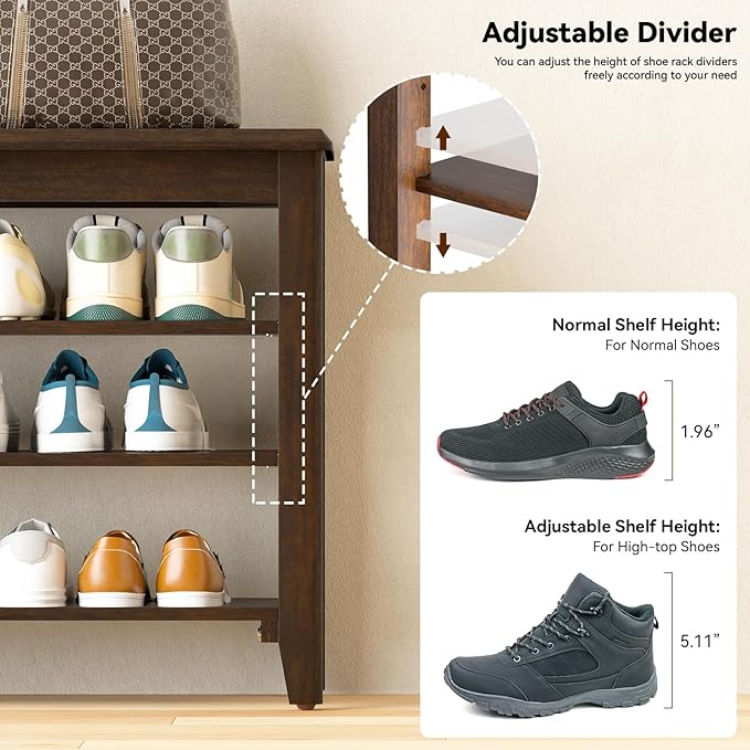 Taitiy Shoe Rack Bench with Rubberwood Flat Top and 3 Adjustable Shelves ??Wooden Shoe Rack for Entryway, Hallway, Mudroom, Front Door, or Small Spaces