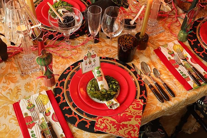 Caspari Linen Border Paper Dinner Plates in Red - Pack of 8