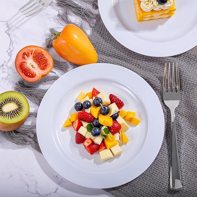 WELLIFE 100 Pieces White Plastic Dessert Plates with 100pcs Silver Disposable Forks, Premium Hard Salad Plate 7.5?? Appetizer Plastic Plates for Wedding, Party