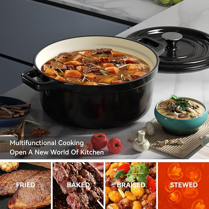 Miereirl 6.5 Quart Enameled Dutch Oven Pot with Lid, Cast Iron Dutch Oven with Dual Handles for Bread Baking, Cooking, Non-stick Enamel Coated Cookware (Black)