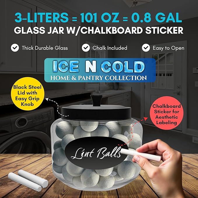 Kitchen and Laundry Storage Glass Jar ??Wide Mouth Round Glass Storage Container with Black Steel Lid and Chalkboard Label - 2 Sticks of Chalk Included (1, 3L | 101oz | 0.8 Gallon)