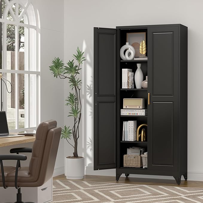 75" Kitchen Pantry Cabinet, Tall Storage Cabinet with Doors and 4 Shelves, Metal Storage Cabinets for Kitchens, Living Room, Dinning Room, Assembly Required, Black